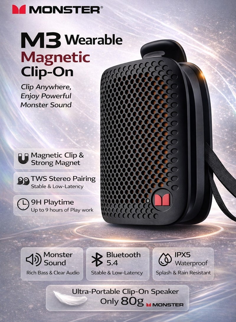 Monster M3 Wearable Magnetic Clip-On Bluetooth Speaker, Portable Wireless Speaker with TWS Stereo, Bluetooth 5.4, IPX5 Waterproof, 9H Playtime, Lightweight Mini Speaker for Outdoor & Travel - Image 1